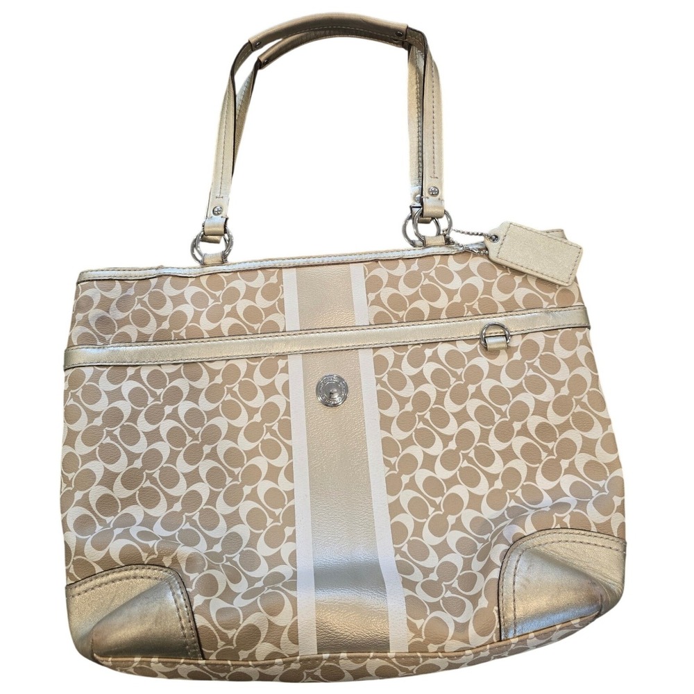 Coach Chelsea Heritage Stripe‎ Signature Tote Bag Khaki Gold Metallic F15137